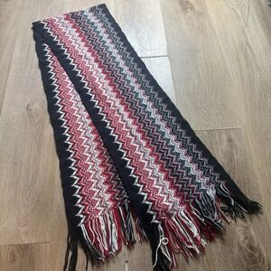 MISSONI Multi-Color Wool Blend Zig Zag Scarf with Fringe Black Red White